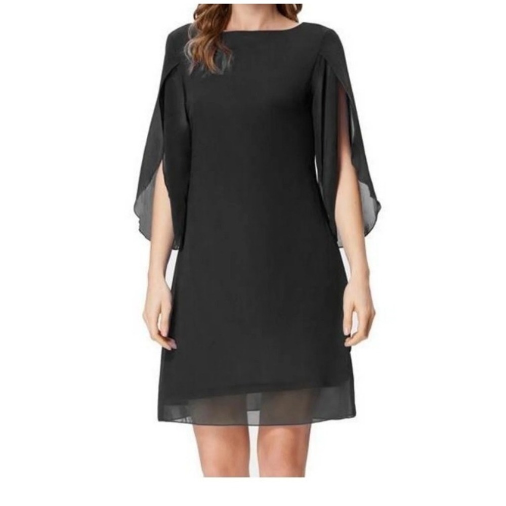 Grace Karin Cape Sleeve Dress 20 Black Chiffon Split Sleeve Boat Neck V-Back NWT